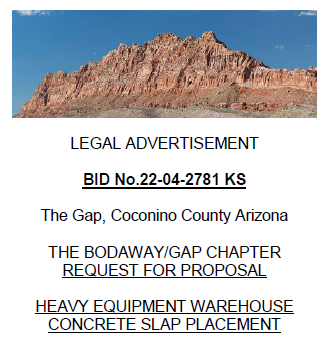The Bodaway/Gap Chapter RFP Heavy Equipment Warehouse Concrete Slap Placement