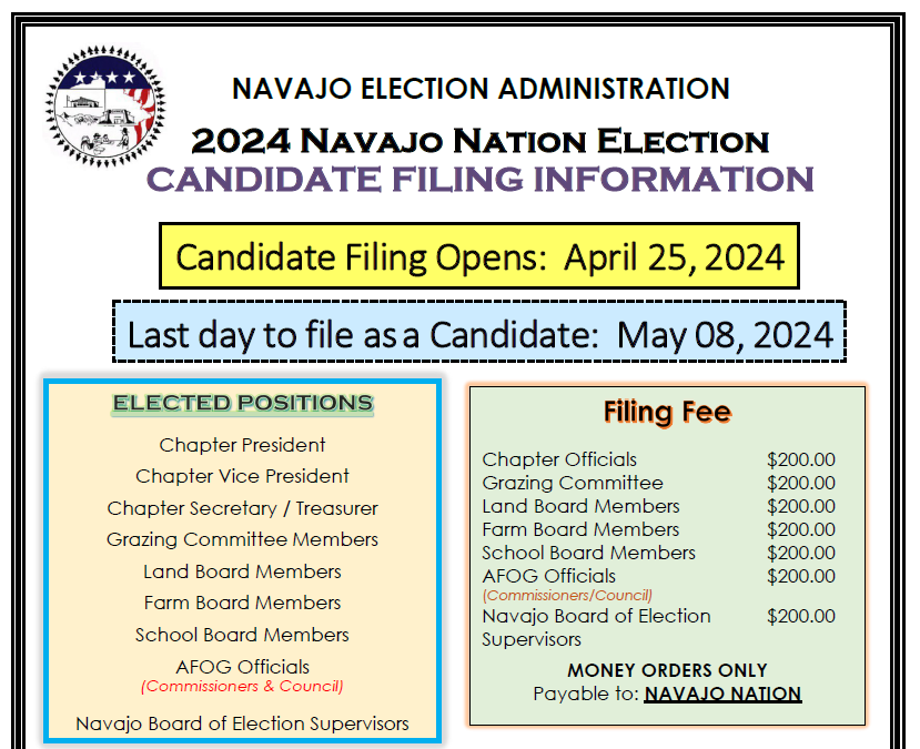 Navajo Nation Candidate Filing for change in  July 30, 2024 Primary Election Date