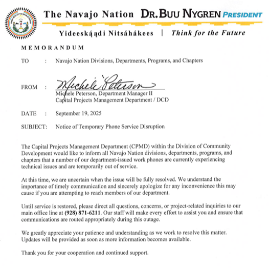 CPMD: Notice of Temporary Disruption of Phones