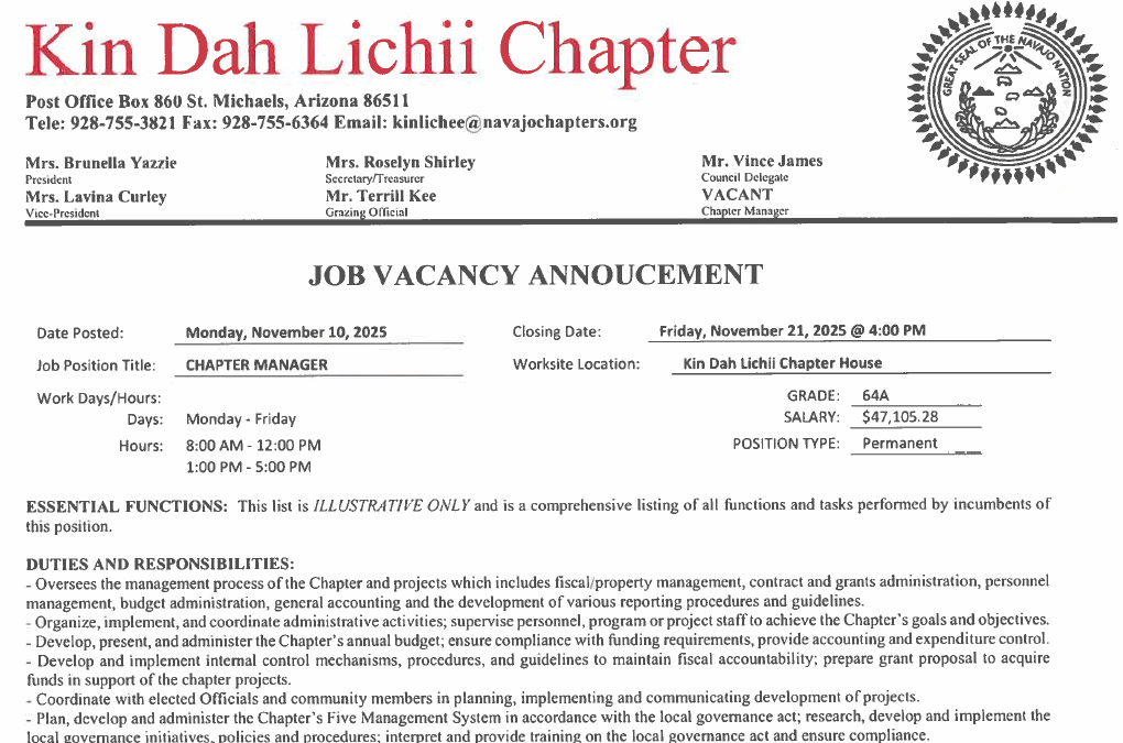 Job Vacancy – Kin Dah Lichii Chapter seeking Chapter Mgr