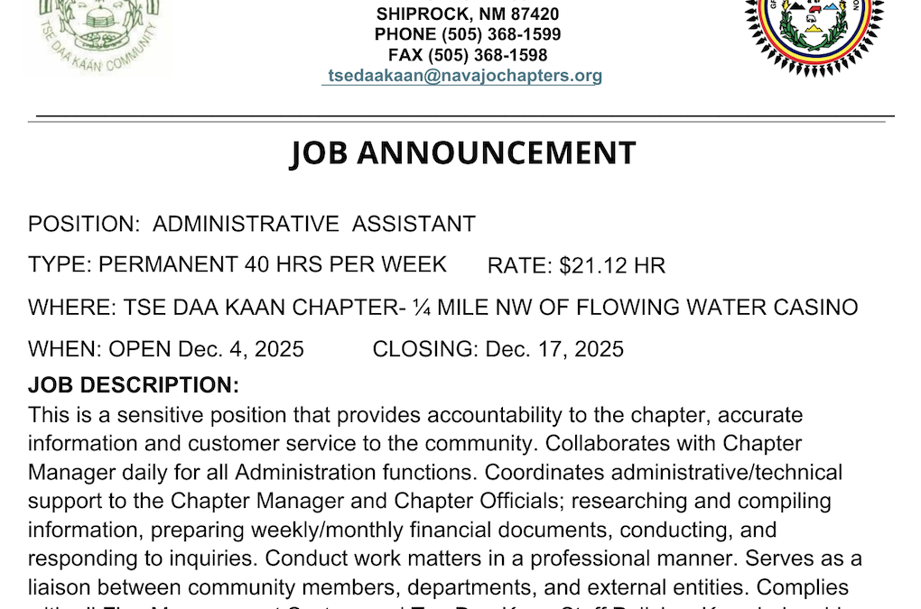 Job Vacancy – Tse Daa Kaan chapter Seeks Administrative Asst