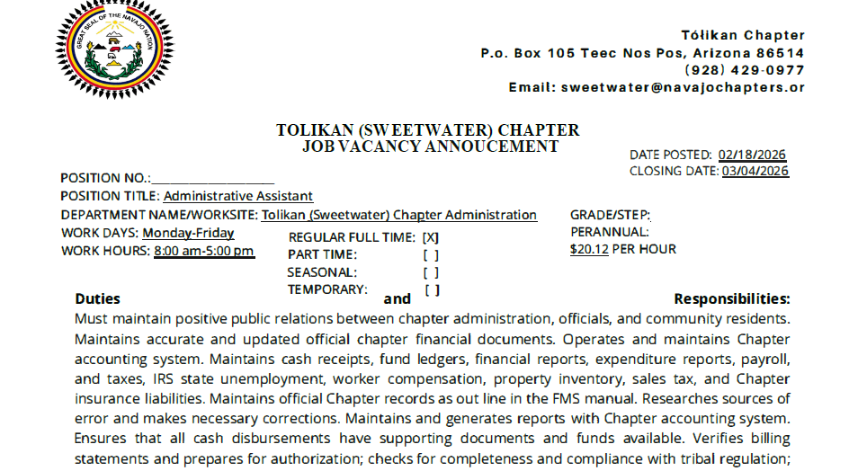 Job Vacancy – Tolikan chapter seeks Admin Asst