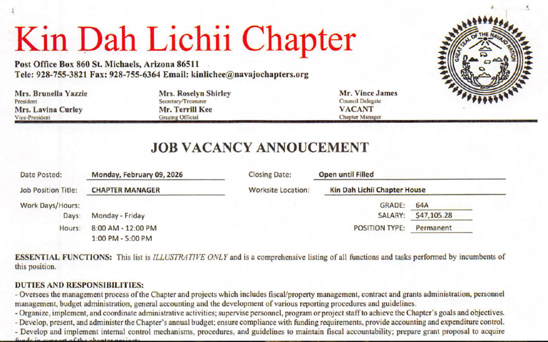 Job Vacancy – Kinlichee Chapter seeks Chapter Manager